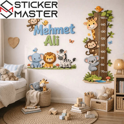 Boy Cetveli Sticker | İsimli Safari Hayvanları Çocuk Odası Decal Seti Sticker Master