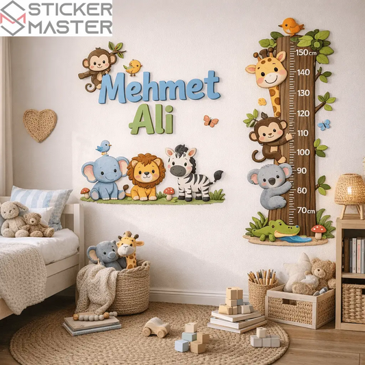 Boy Cetveli Sticker | İsimli Safari Hayvanları Çocuk Odası Decal Seti Sticker Master
