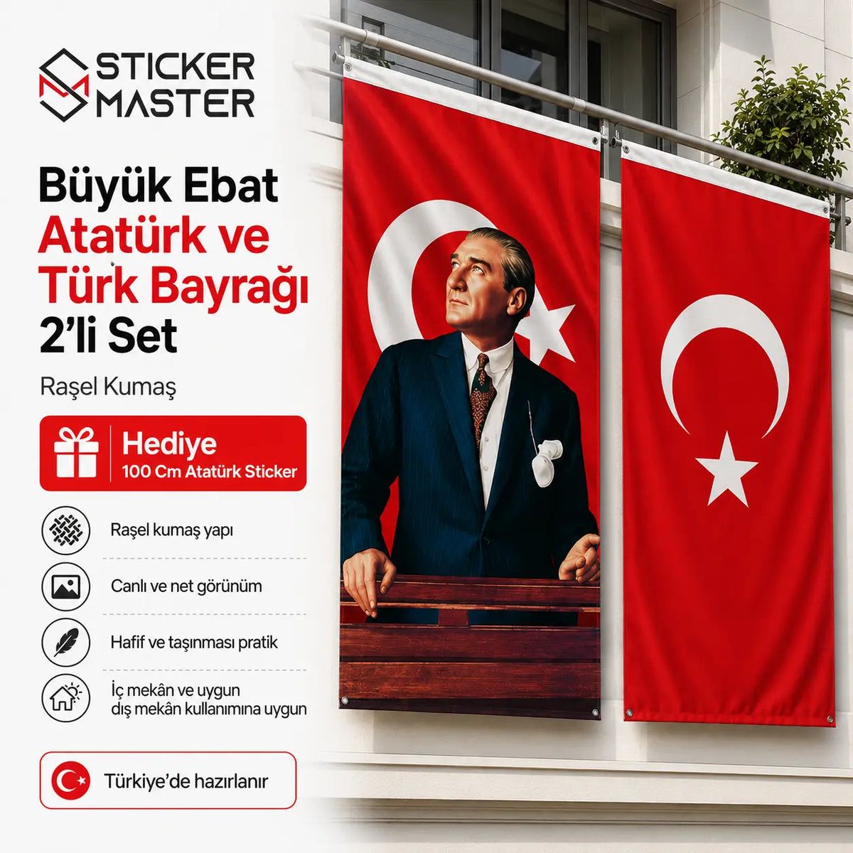 Buyuk Ebat Ataturk ve Turk Bayragi 2’li Set – Rasel Kumas olculer bina gorunumu ve detaylar
