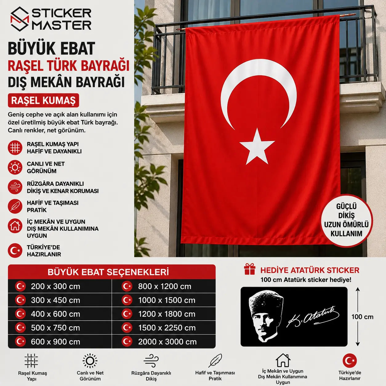 Buyuk Ebat Rasel Turk Bayragi – Dis Mekân Bayragi detaylar