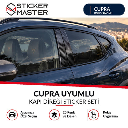 Cupra uyumlu kapı direği sticker seti B sütunu ana ürün yakın planı, temsili araç fotoğrafı