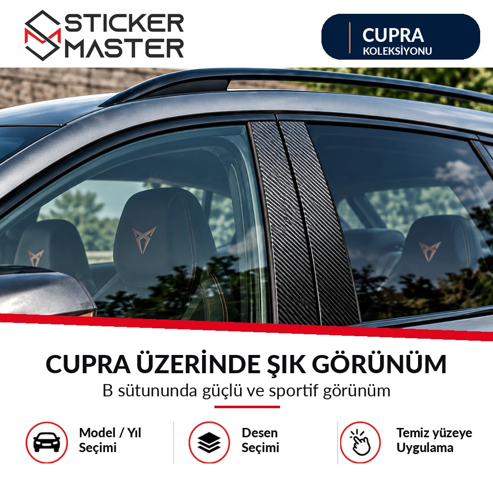 Cupra araç üzerinde B sütunu karbon desenli sticker uygulama örneği, temsili araç fotoğrafı