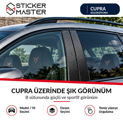 Cupra araç üzerinde B sütunu karbon desenli sticker uygulama örneği, temsili araç fotoğrafı