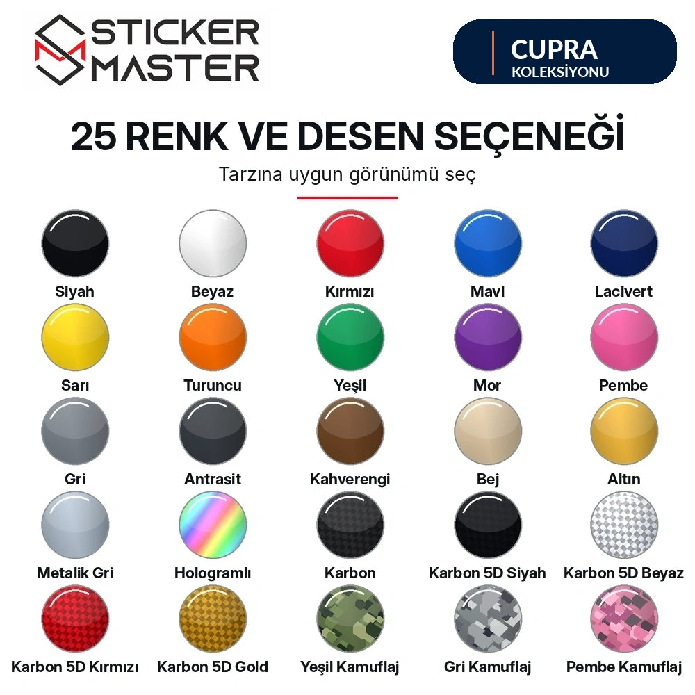 Cupra kapı direği sticker seti Shopify varyantlarıyla eşleşen 25 renk ve desen örneği