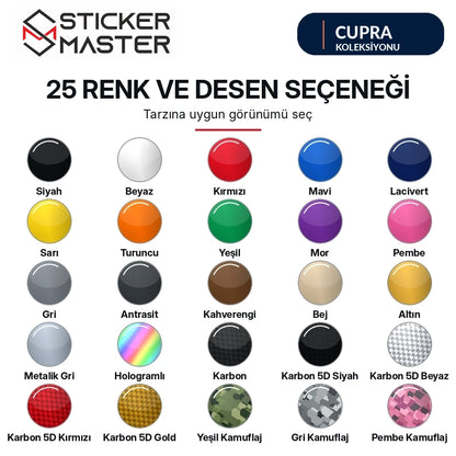 Cupra kapı direği sticker seti Shopify varyantlarıyla eşleşen 25 renk ve desen örneği