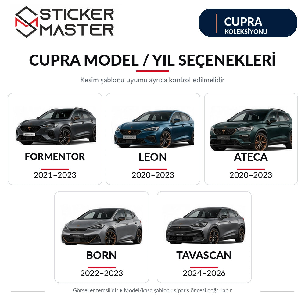 Cupra kapı direği sticker Formentor Leon Ateca Born ve Tavascan model/yıl seçimi; kesim uyumu ayrıca teyit edilmelidir