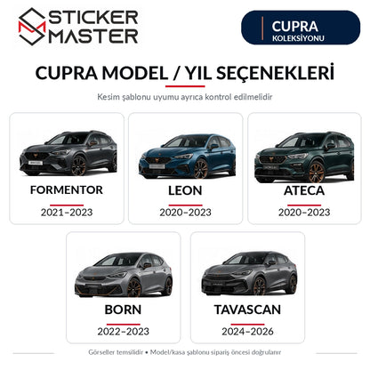 Cupra kapı direği sticker Formentor Leon Ateca Born ve Tavascan model/yıl seçimi; kesim uyumu ayrıca teyit edilmelidir