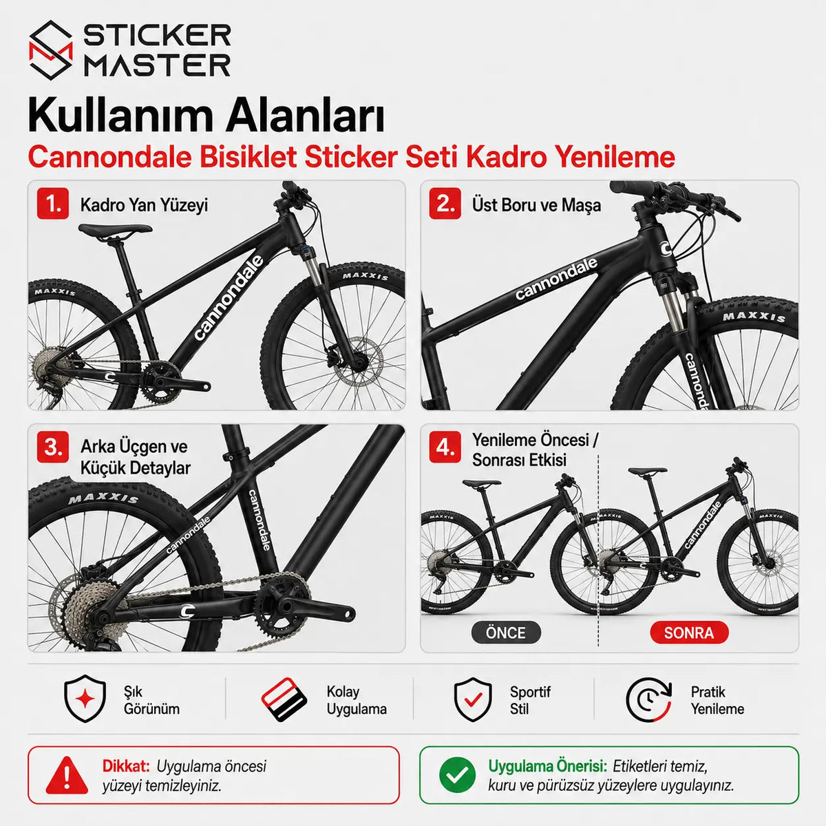 Cannondale Bisiklet Sticker Seti kullanim alanlari