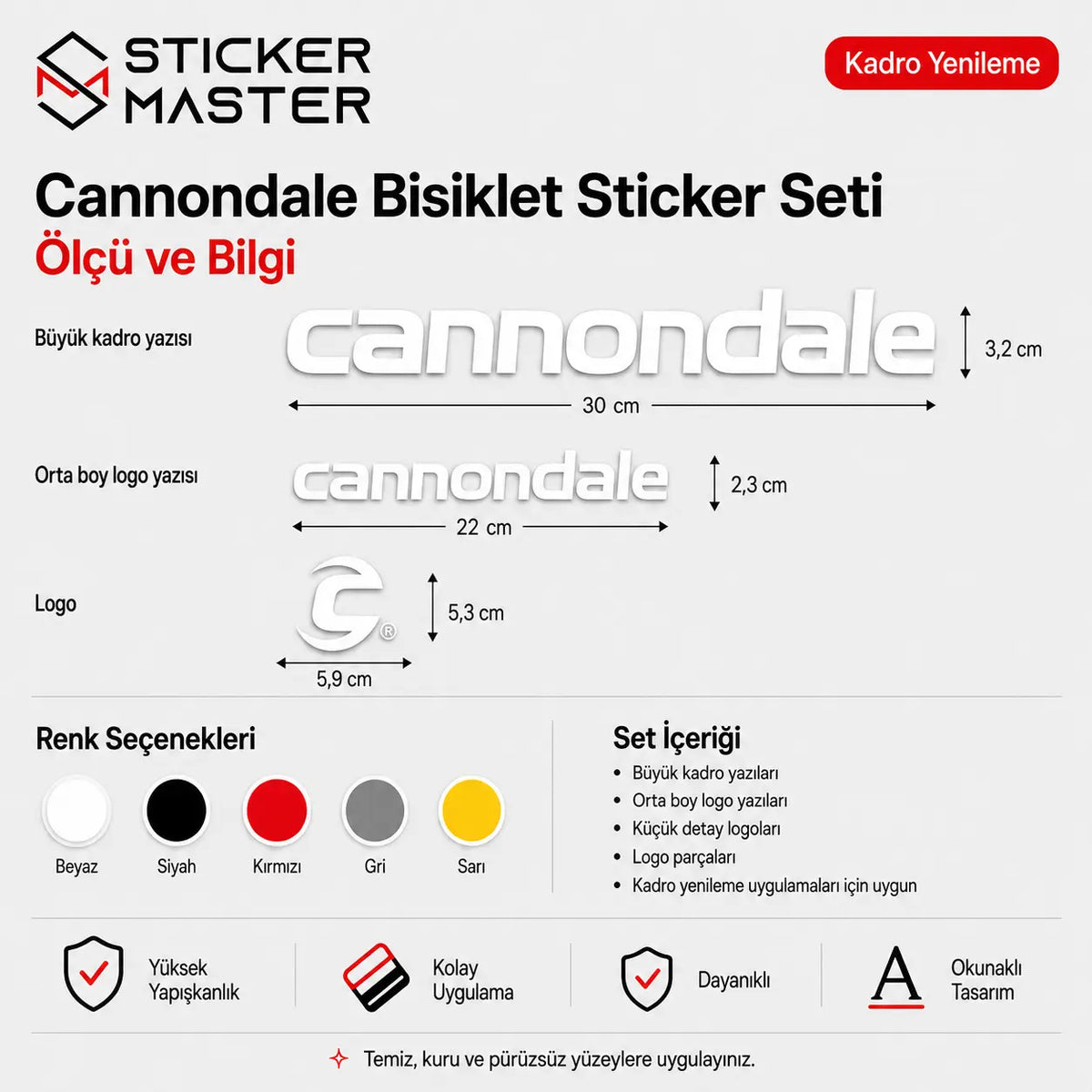 Cannondale Bisiklet Sticker Seti olculeri