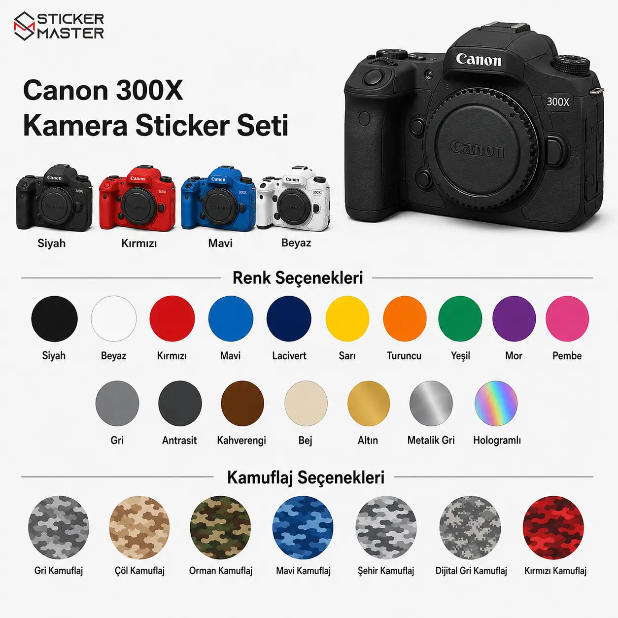 Canon 300X Uyumlu Kamera Sticker Seti renkler