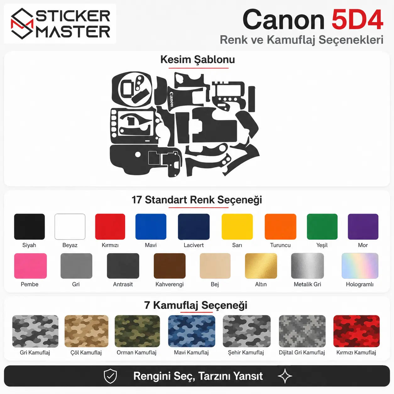 Canon 5D4 Uyumlu Kamera Sticker Seti renkler ve detaylar