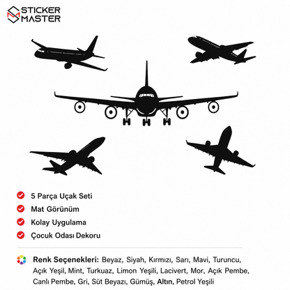 5'li Uçak Duvar Sticker Seti - Çocuk Odası Uçak Silüet Dekoru
