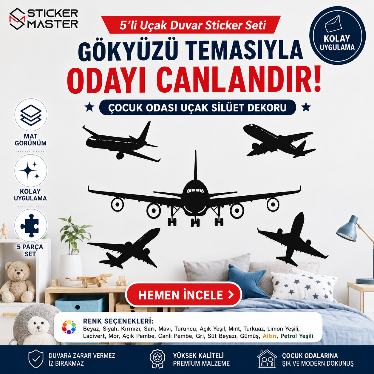 5'li Uçak Duvar Sticker Seti - Çocuk Odası Uçak Silüet Dekoru