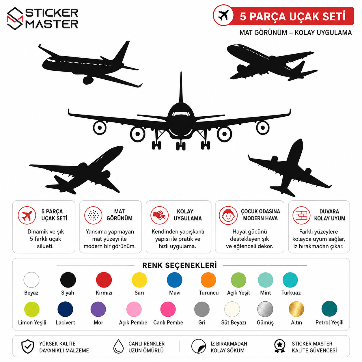 5'li Uçak Duvar Sticker Seti - Çocuk Odası Uçak Silüet Dekoru