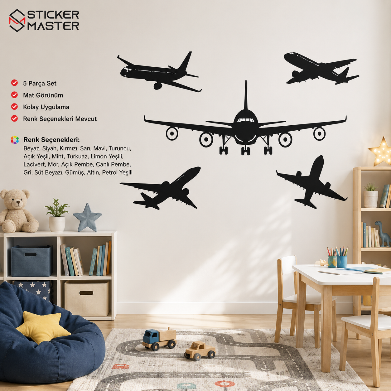 5'li Uçak Duvar Sticker Seti - Çocuk Odası Uçak Silüet Dekoru