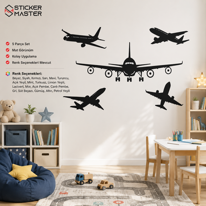 5'li Uçak Duvar Sticker Seti - Çocuk Odası Uçak Silüet Dekoru