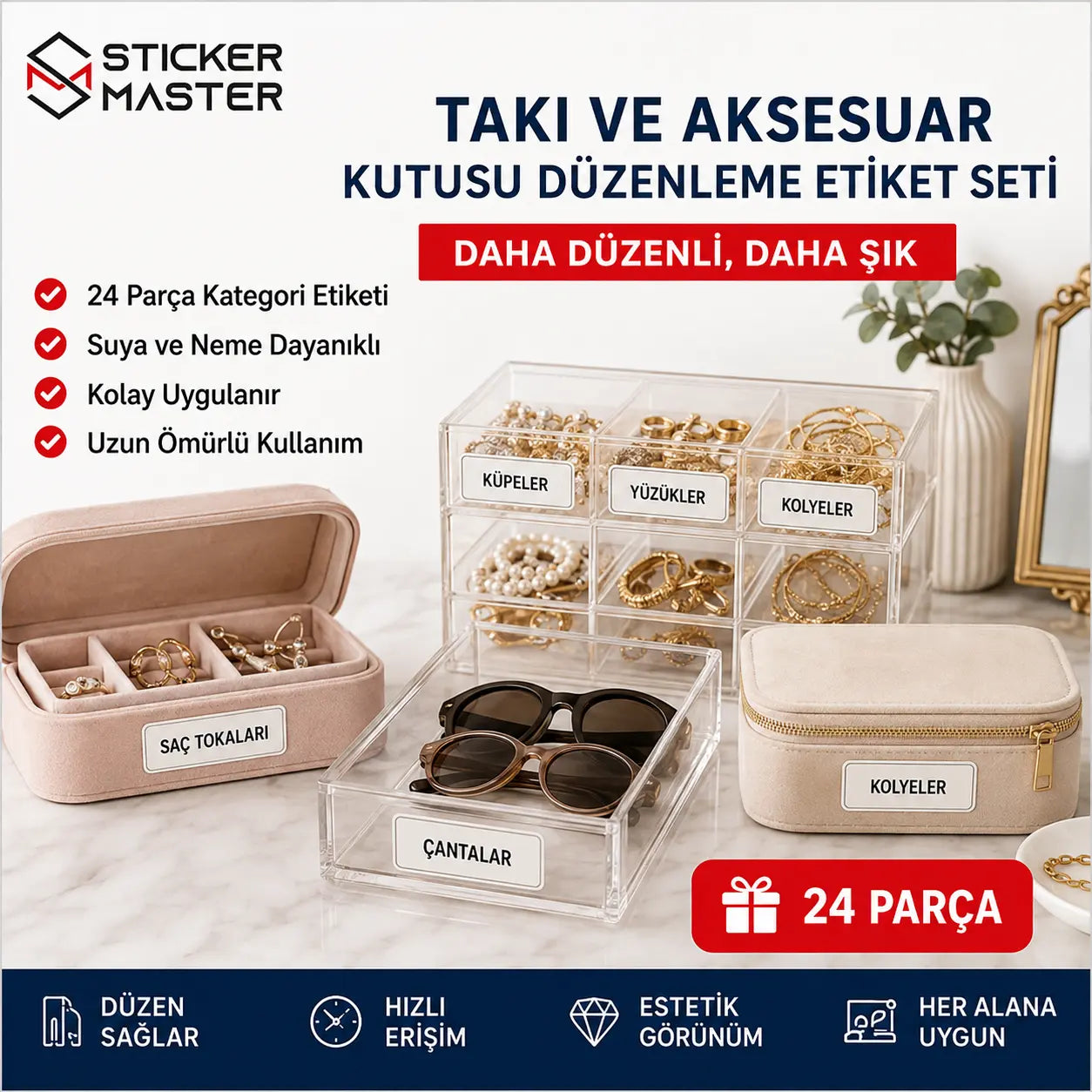 Takı ve Aksesuar Kutusu Düzenleme Etiket Seti 24 Parça