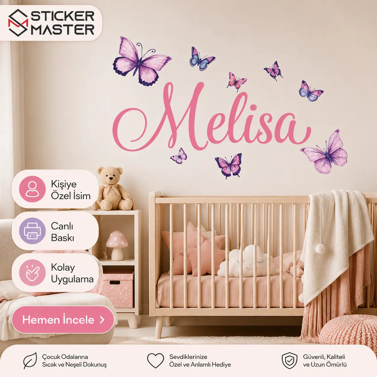 Kişiye Özel Kelebekli İsim Duvar Stickeri - Kız Çocuk Odası Dekoru