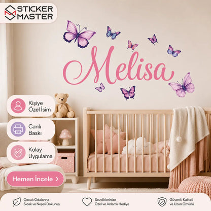 Kişiye Özel Kelebekli İsim Duvar Stickeri - Kız Çocuk Odası Dekoru