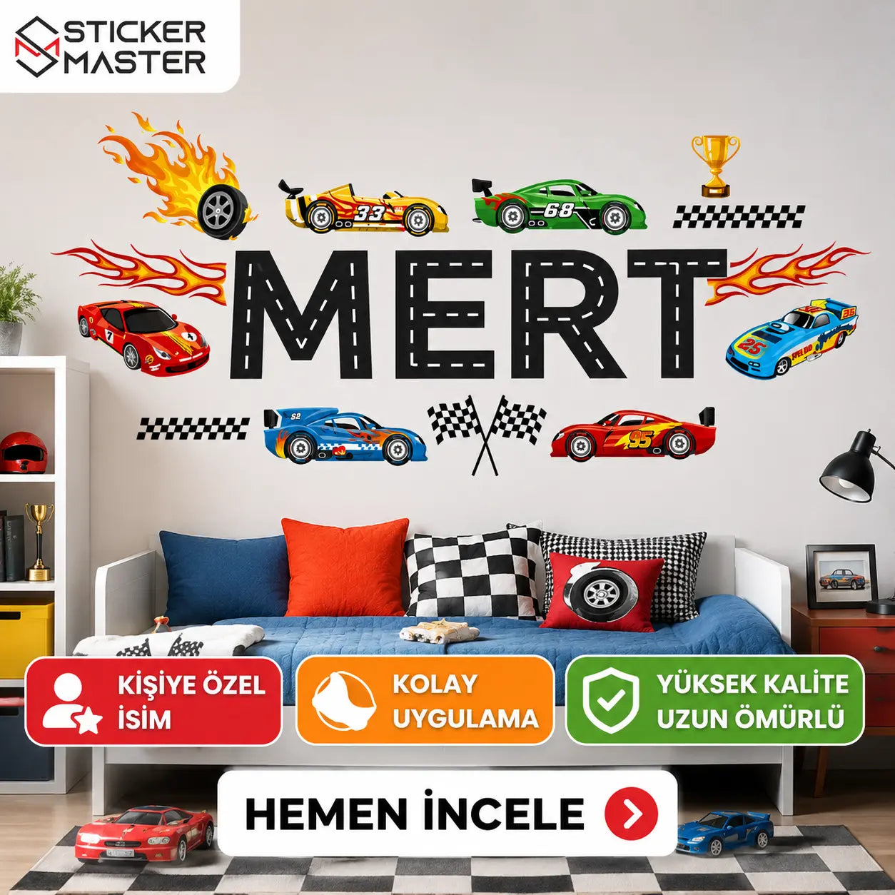 Kişiye Özel İsimli Yarış Arabası Duvar Stickeri