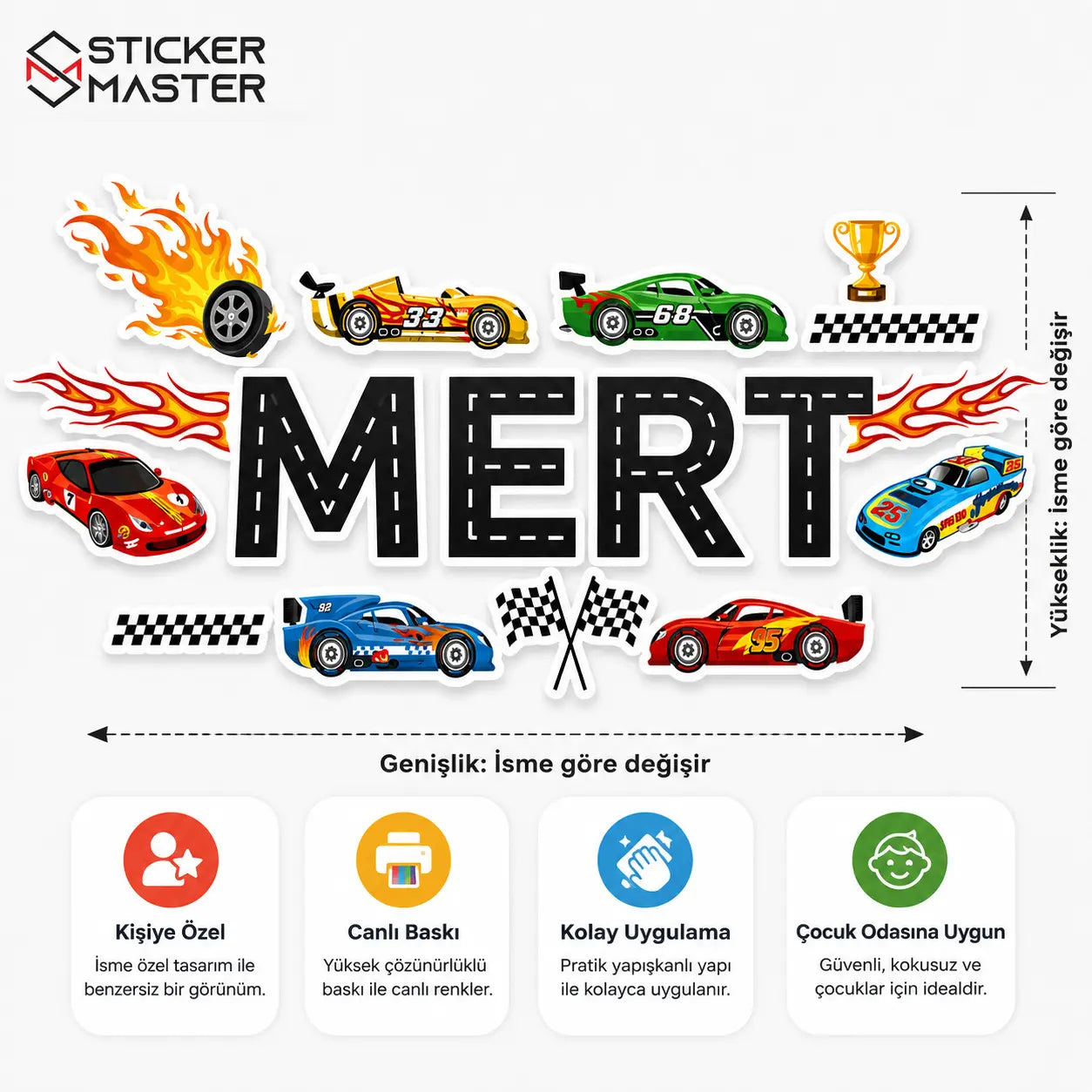 Kişiye Özel İsimli Yarış Arabası Duvar Stickeri