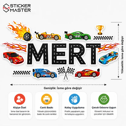 Kişiye Özel İsimli Yarış Arabası Duvar Stickeri