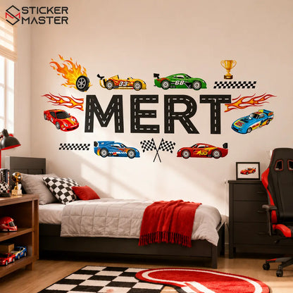 Kişiye Özel İsimli Yarış Arabası Duvar Stickeri