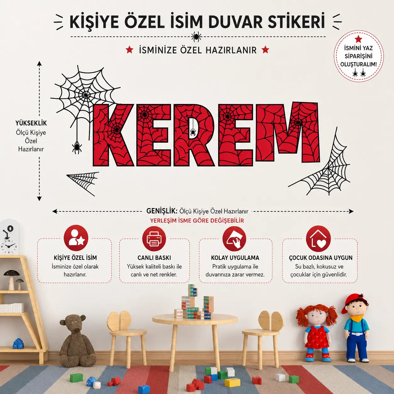 Kişiye Özel Örümcek Temalı İsim Duvar Stickeri