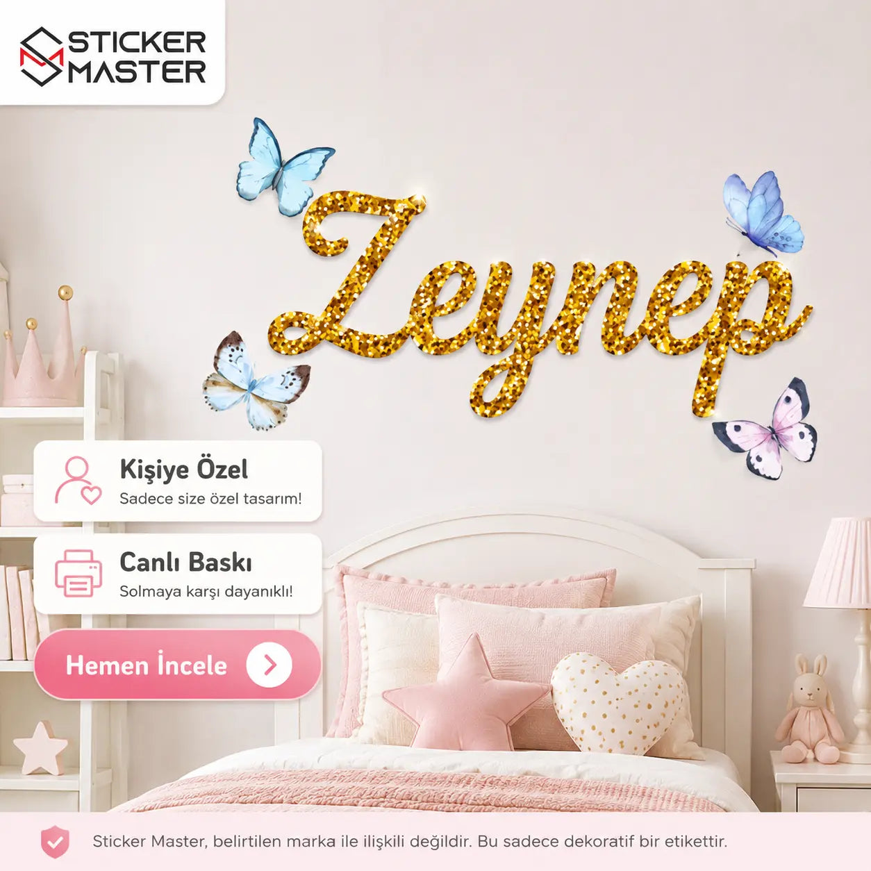 Kişiye Özel Kız Çocuk İsimli Kelebekli Duvar Stickeri
