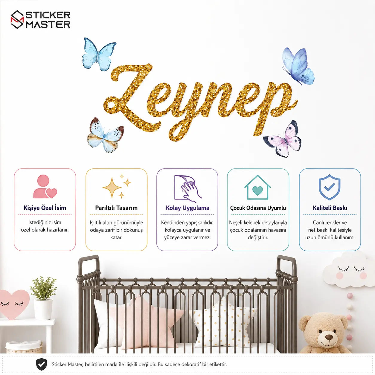 Kişiye Özel Kız Çocuk İsimli Kelebekli Duvar Stickeri