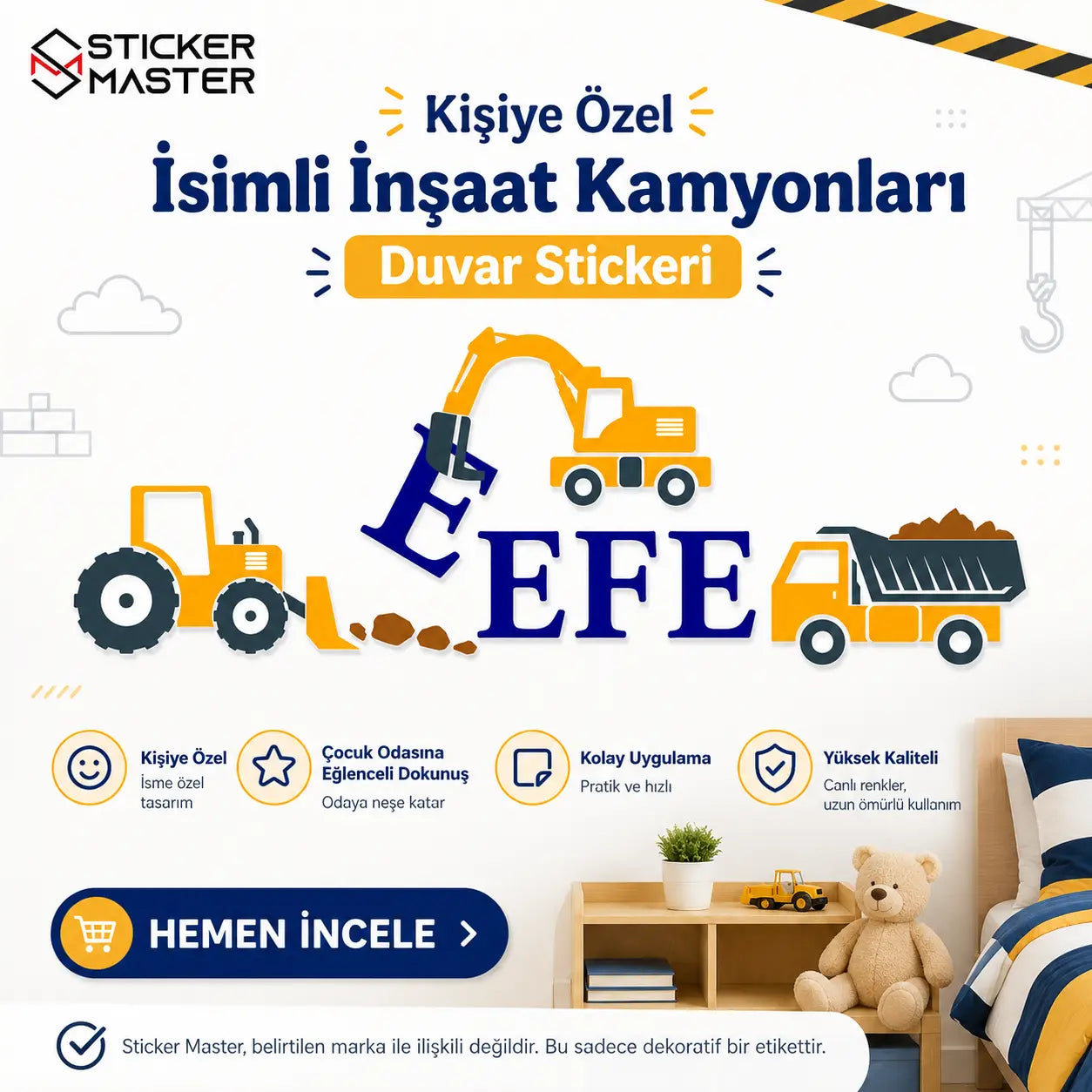 Kişiye Özel İsimli İnşaat Kamyonları Duvar Stickeri