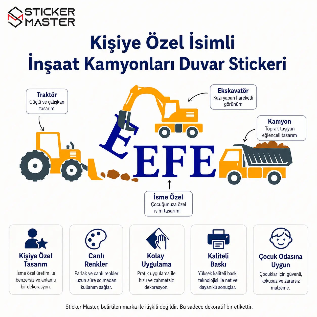 Kişiye Özel İsimli İnşaat Kamyonları Duvar Stickeri