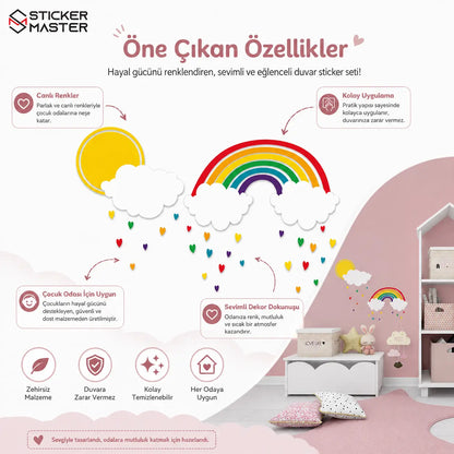 Gökkuşağı, Bulut ve Kalp Çocuk Odası Duvar Stickeri