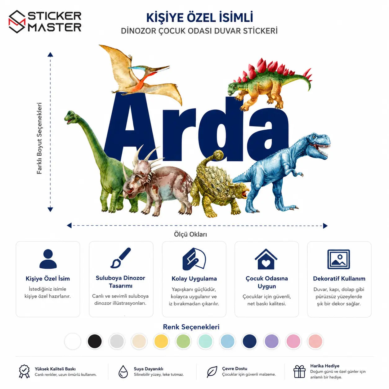 Kişiye Özel İsimli Suluboya Dinozor Duvar Stickeri