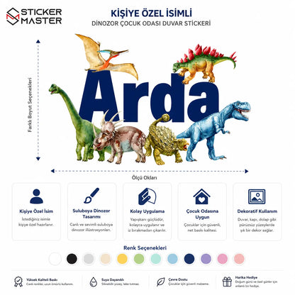 Kişiye Özel İsimli Suluboya Dinozor Duvar Stickeri