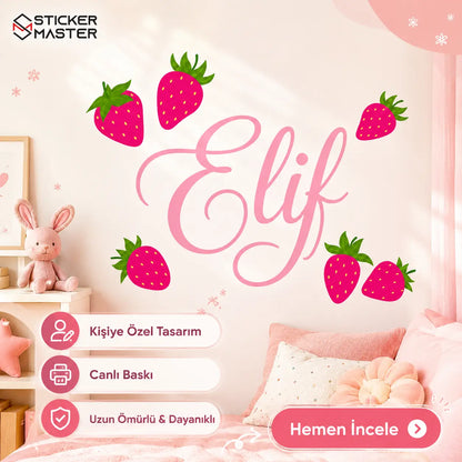 Kişiye Özel Pembe Çilekli İsim Duvar Stickeri