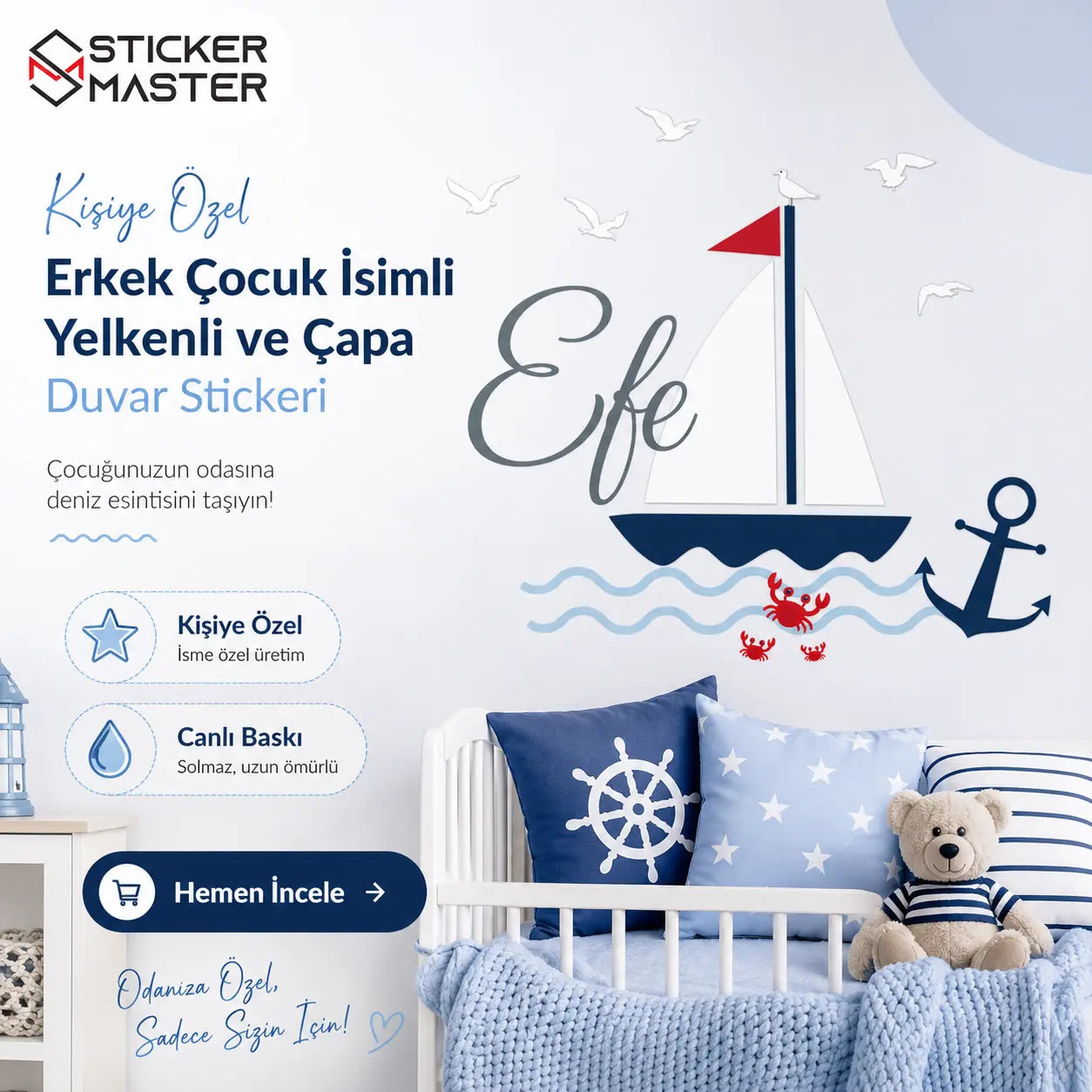 Kişiye Özel Erkek Çocuk İsimli Yelkenli ve Çapa Duvar Stickeri
