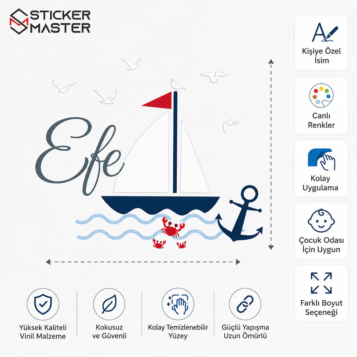Kişiye Özel Erkek Çocuk İsimli Yelkenli ve Çapa Duvar Stickeri