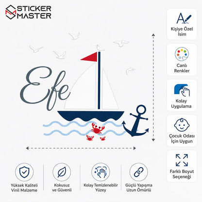 Kişiye Özel Erkek Çocuk İsimli Yelkenli ve Çapa Duvar Stickeri