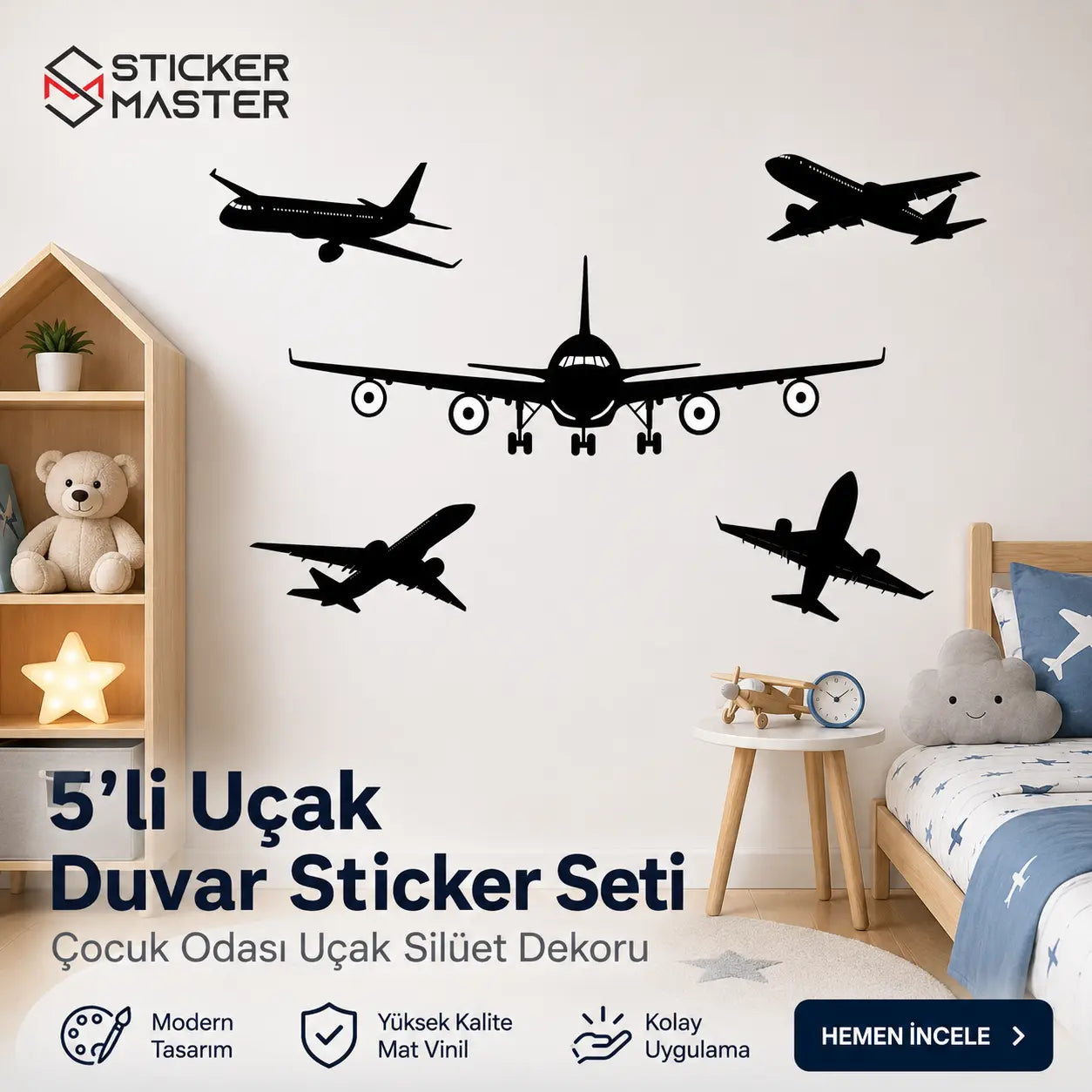 5'li Uçak Duvar Sticker Seti - Çocuk Odası Uçak Silüet Dekoru