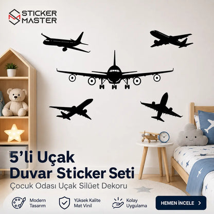 5'li Uçak Duvar Sticker Seti - Çocuk Odası Uçak Silüet Dekoru