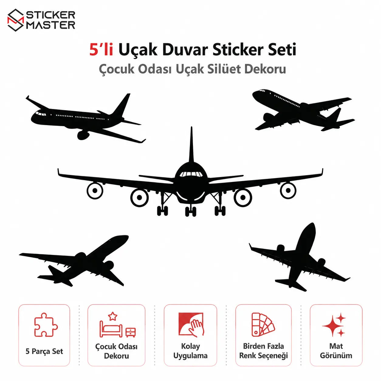 5'li Uçak Duvar Sticker Seti - Çocuk Odası Uçak Silüet Dekoru