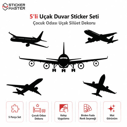 5'li Uçak Duvar Sticker Seti - Çocuk Odası Uçak Silüet Dekoru