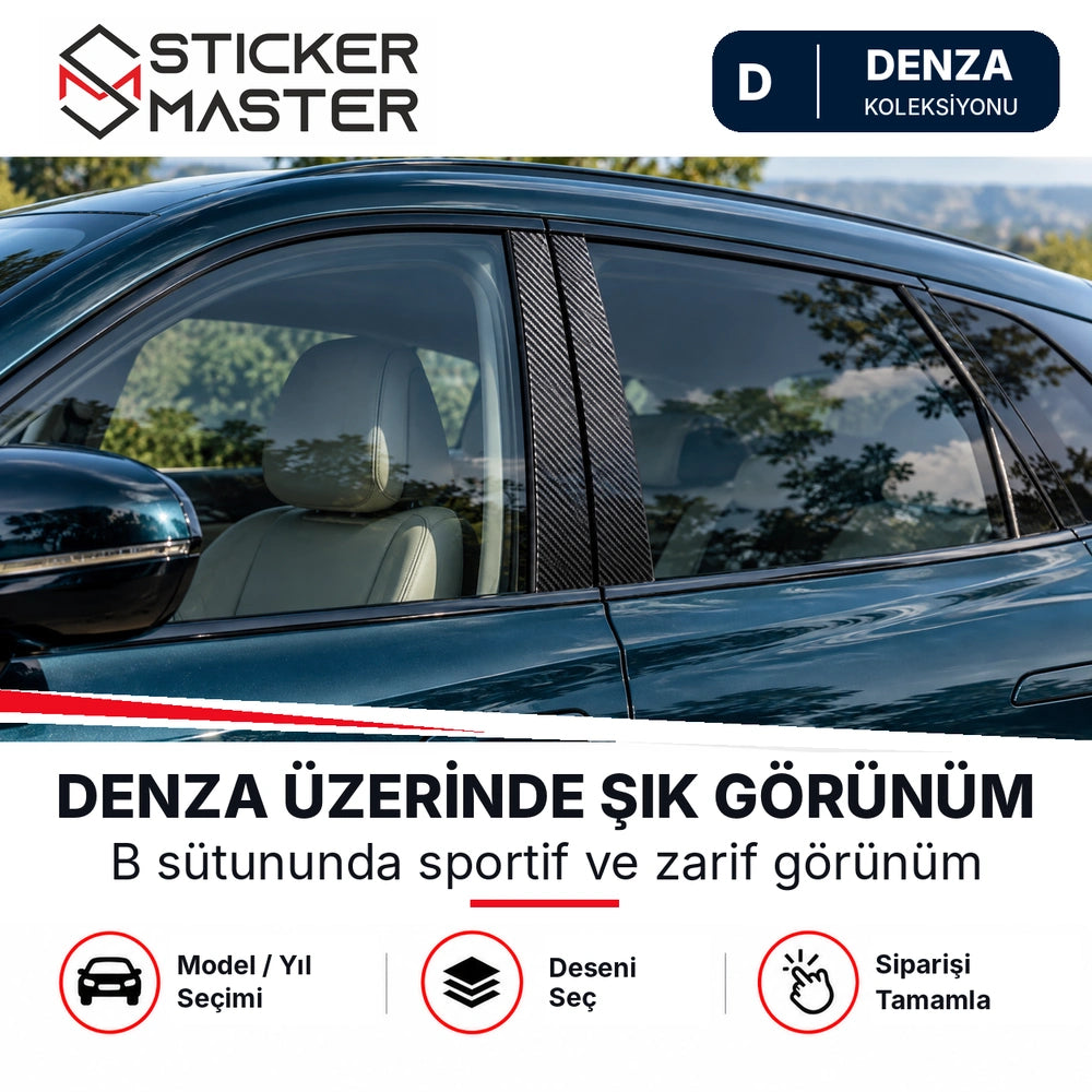 Denza araç üzerinde B sütunu karbon görünümlü sticker uygulama örneği, temsili