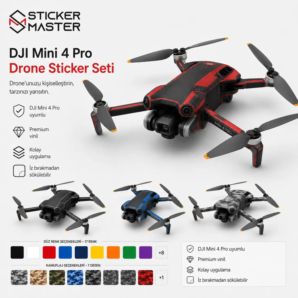 DJI Mini 4 Pro Uyumlu Drone Sticker Seti renk