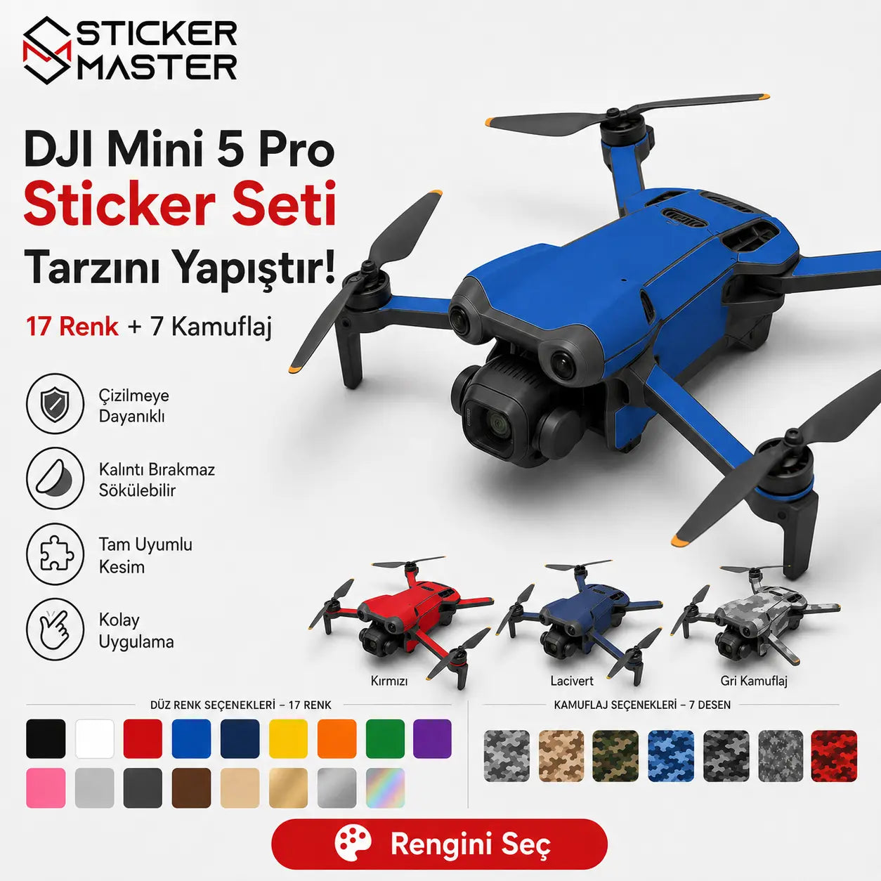 DJI Mini 5 Pro Uyumlu Drone Sticker Seti ads renkler detay