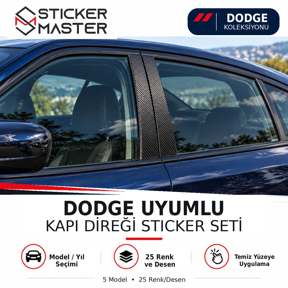 Dodge uyumlu kapı direği sticker seti, B sütunu karbon görünümlü uygulama, temsili araç