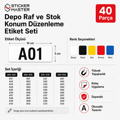 Depo Raf ve Stok Konum Duzenleme Etiket Seti 40 Parca  olcu