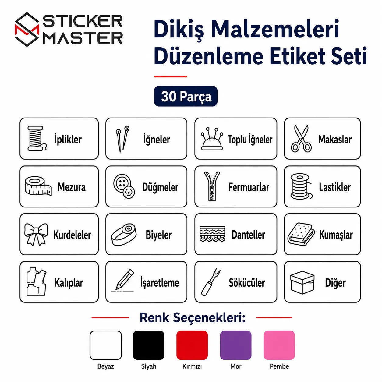Dikis Malzemeleri Duzenleme Etiket Seti 30 Parca icerik