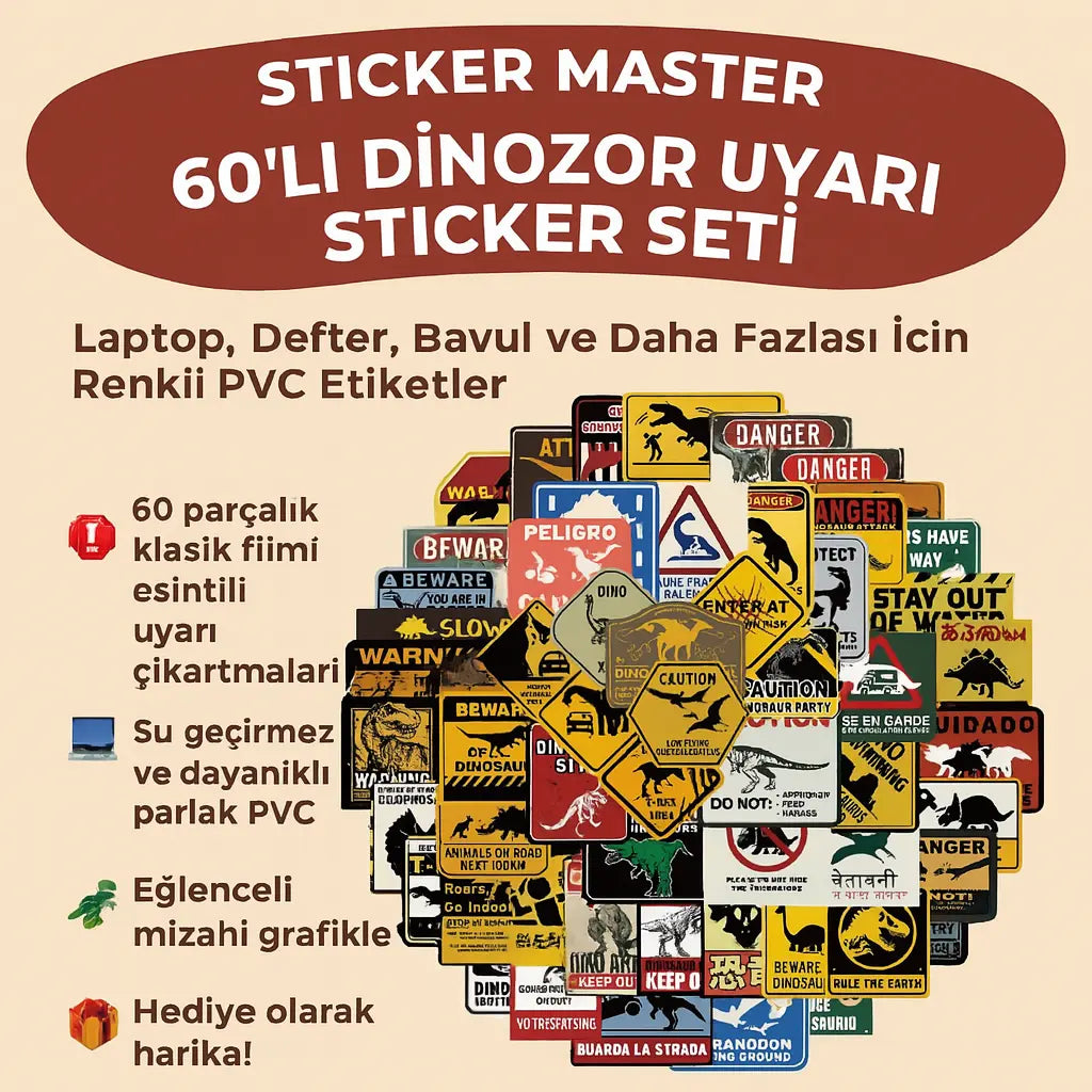 Sticker Master 60’lı Dinozor Uyarı Sticker Seti Laptop, Defter, Bavul ve Daha Fazlası İçin Renkli PVC Etiketler - Sticker Master